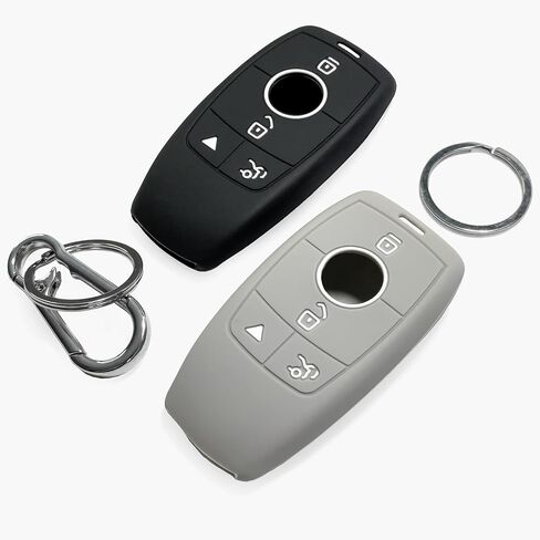 أغطية مفاتيح من السيليكون Click&Fit متوافقة مع 2017-2021 Mercedes A C-Class CLA CLS GLC GLA GLK GL SLK GT SLS E-Class G-Class S-Class - واقيات مفاتيح السيارة عن بعد، 4 أزرار، أسود ورمادي in Kuwait