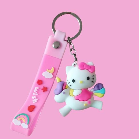 xerial لطيف القط الوردي وسلسلة المفاتيح يونيكورن، kawaii قوس قزح المعصم حزام سلسلة المفاتيح، حبل المعصم اليد لحامل حلقة مفتاح السيارة المنزل، حقيبة محفظة حقيبة الظهر سحر الملحقات، هدية عيد الميلاد للفتيات in Kuwait