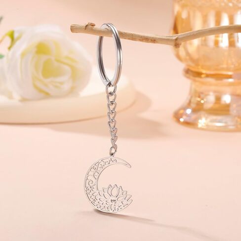 kkjoy Lotus in Moon Keychain Stainless Steel Lotus Flower Yoga Pendant Keyring Purse Bag Accessories for Women Charming Lady in Saudi Arabia
