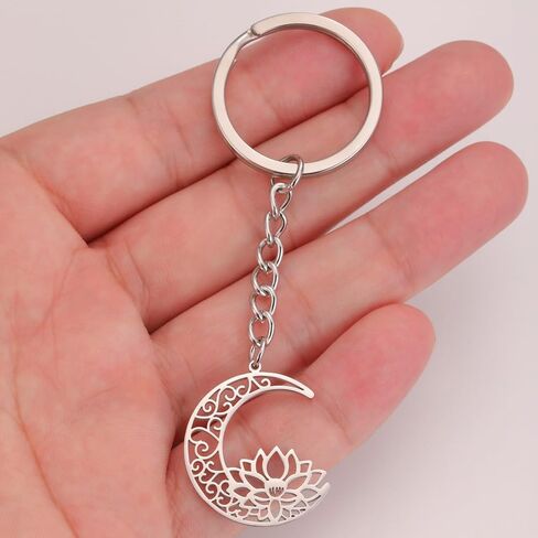 kkjoy Lotus in Moon Keychain Stainless Steel Lotus Flower Yoga Pendant Keyring Purse Bag Accessories for Women Charming Lady in Saudi Arabia