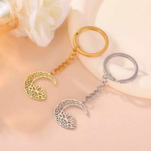kkjoy Lotus in Moon Keychain Stainless Steel Lotus Flower Yoga Pendant Keyring Purse Bag Accessories for Women Charming Lady in Saudi Arabia