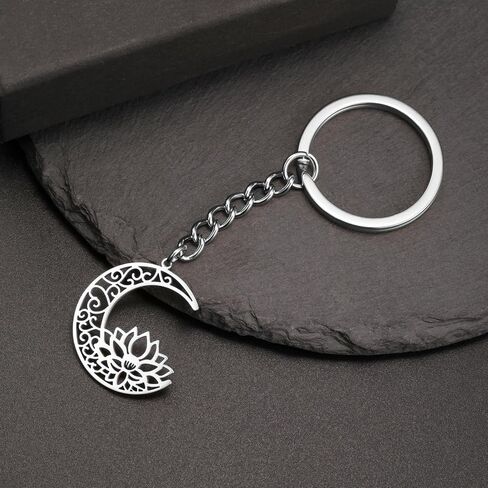 kkjoy Lotus in Moon Keychain Stainless Steel Lotus Flower Yoga Pendant Keyring Purse Bag Accessories for Women Charming Lady in Saudi Arabia
