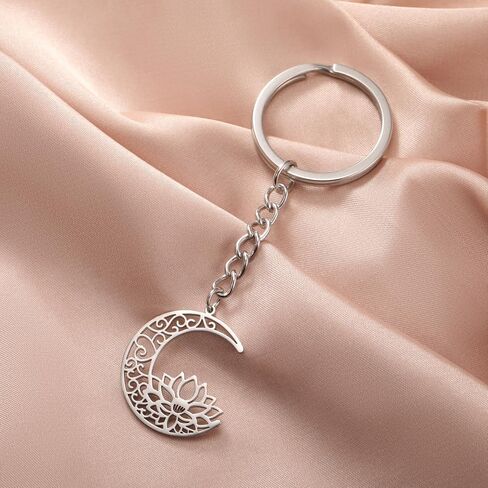 kkjoy Lotus in Moon Keychain Stainless Steel Lotus Flower Yoga Pendant Keyring Purse Bag Accessories for Women Charming Lady in Saudi Arabia