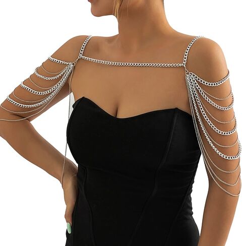 Summer Beach Punk Shoulder Body Chain Multi-Layered Back Chain Bikini Metal Tassel Arm Chain Statement Bridal Wedding Backdrop Necklace Body Chain Jewelry for Women in Saudi Arabia