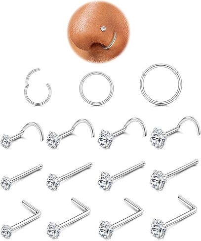 ORAZIO 18G 20G Nose Rings Studs Surgical Steel Gold/Silver Nose Rings for Women Men Hypoallergenic CZ L Shaped/Corkscrew/Straight Nose Studs Hinged Clicker Nose Rings Hoops Tiny Lip Stud Septunm Conch Ring Cartilage Earrings Body Piercing Jewelry in Kuwait