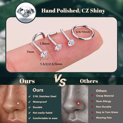 ORAZIO 18G 20G Nose Rings Studs Surgical Steel Gold/Silver Nose Rings for Women Men Hypoallergenic CZ L Shaped/Corkscrew/Straight Nose Studs Hinged Clicker Nose Rings Hoops Tiny Lip Stud Septunm Conch Ring Cartilage Earrings Body Piercing Jewelry in Kuwait