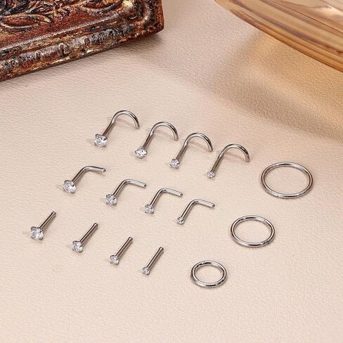 ORAZIO 18G 20G Nose Rings Studs Surgical Steel Gold/Silver Nose Rings for Women Men Hypoallergenic CZ L Shaped/Corkscrew/Straight Nose Studs Hinged Clicker Nose Rings Hoops Tiny Lip Stud Septunm Conch Ring Cartilage Earrings Body Piercing Jewelry in Kuwait