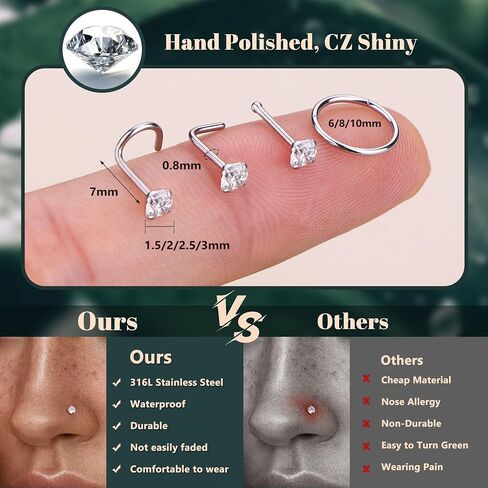 ORAZIO 18G 20G Nose Rings Studs Surgical Steel Gold/Silver Nose Rings for Women Men Hypoallergenic CZ L Shaped/Corkscrew/Straight Nose Studs Hinged Clicker Nose Rings Hoops Tiny Lip Stud Septunm Conch Ring Cartilage Earrings Body Piercing Jewelry in Saudi Arabia