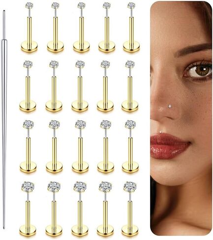 FUNRUN JEWELRY 14K Gold Nose Studs For Women 316L Surgical Steel Threadless Nose Ring Lip Studs Push In Flat Back Stud Earrings Cz Nose Nostril Tragus Helix Body Piercing Jewelry Silver Gold 20G 18G in Kuwait