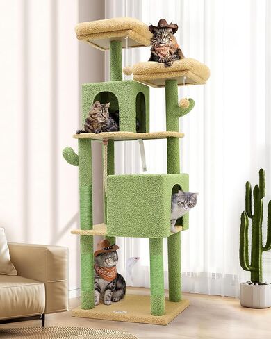 F76 Cactus Cat Tree Tower | 76-Inch Extra Tall Multi-Level Cat Furniture with Cozy Condos,Interactive Toys and Perches for Large Cats | Perfect for Climbing, Scratching, and Play | Green in Kuwait
