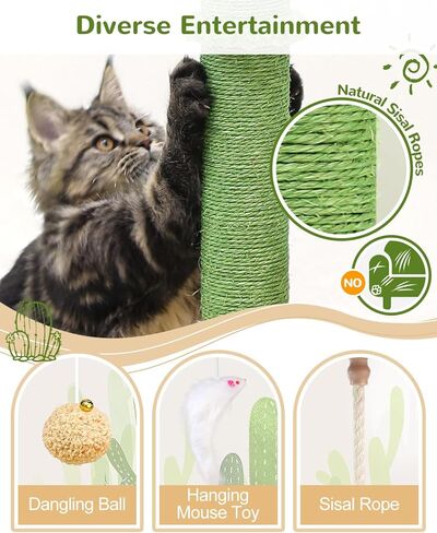 F76 Cactus Cat Tree Tower | 76-Inch Extra Tall Multi-Level Cat Furniture with Cozy Condos,Interactive Toys and Perches for Large Cats | Perfect for Climbing, Scratching, and Play | Green in Kuwait