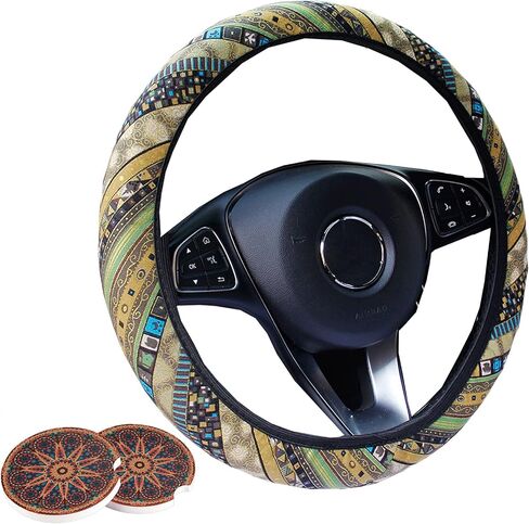 3 Pack Boho Steering Wheel Cover with Car Cup Holder Coasters Universal Baja Hippie Bohemian Style Steering Wheel Covers Cute Car Steering Wheel Cover for Women Girl 15 Inch (Yellow) in Saudi Arabia