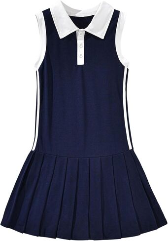 Girl's Color Block Collared Pleated Golf Tennis Dress Button Front Sleeveless Casual Mini Dresses in Saudi Arabia