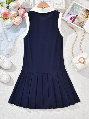 Girl's Color Block Collared Pleated Golf Tennis Dress Button Front Sleeveless Casual Mini Dresses in Saudi Arabia