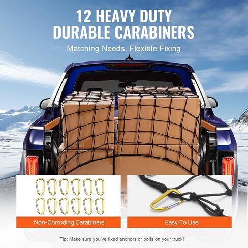 VEVOR Truck Bed Cargo Net 4 × 6 بوصة تمتد إلى 7.2 × 10.8 بوصة، شبكة صغيرة 4 × 4 بوصة شبكة شحن بنجي شديدة التحمل مع 12 حلقة تسلق فولاذية على شكل D، حقيبة تخزين، مناسبة للبيك اب، الجيب، سيارات الدفع الرباعي، جَرَّار in Saudi Arabia