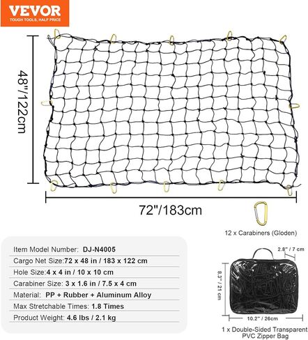 VEVOR Truck Bed Cargo Net 4 × 6 بوصة تمتد إلى 7.2 × 10.8 بوصة، شبكة صغيرة 4 × 4 بوصة شبكة شحن بنجي شديدة التحمل مع 12 حلقة تسلق فولاذية على شكل D، حقيبة تخزين، مناسبة للبيك اب، الجيب، سيارات الدفع الرباعي، جَرَّار in Saudi Arabia