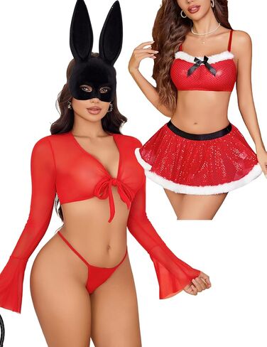 Avidlove Christmas Lingerie Sets Sexy Santa Costumes Mesh Babydoll Teddy Sheer Top Red M in Saudi Arabia
