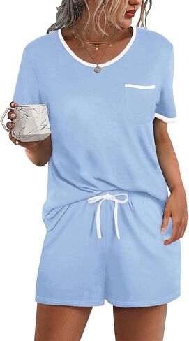 Ekouaer Pajama Set for Women 2 Piece Lounge Set Short Sleeve Tops and Shorts Soft Sleepwear, Chest Pocket in Saudi Arabia
