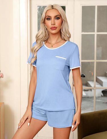 Ekouaer Pajama Set for Women 2 Piece Lounge Set Short Sleeve Tops and Shorts Soft Sleepwear, Chest Pocket in Saudi Arabia