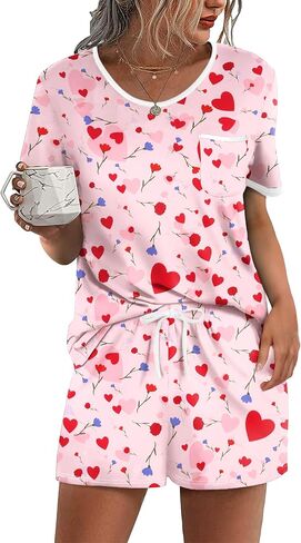 Ekouaer Pajama Set for Women 2 Piece Lounge Set Short Sleeve Tops and Shorts Soft Sleepwear, Chest Pocket in Saudi Arabia