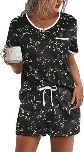Ekouaer Pajama Set for Women 2 Piece Lounge Set Short Sleeve Tops and Shorts Soft Sleepwear, Chest Pocket in Saudi Arabia
