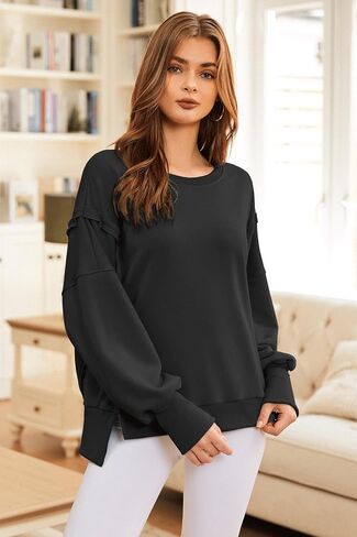 Women's Oversized Sweatshirt Pullover Top Slit Slouchy Crew Neck Long Sleeve Casual Fall Clothes Preppy Sweatshirt in Saudi Arabia