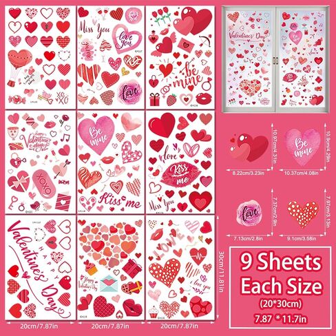 Valentines Day Window Clings for Glass, 9 Sheets Valentine's Day Double-Sided Window Cling Stickers for Office Decorations, Valentine Red Pink Gnome Clings Decals for Indoor Home Shop Kitchen Decor in Kuwait