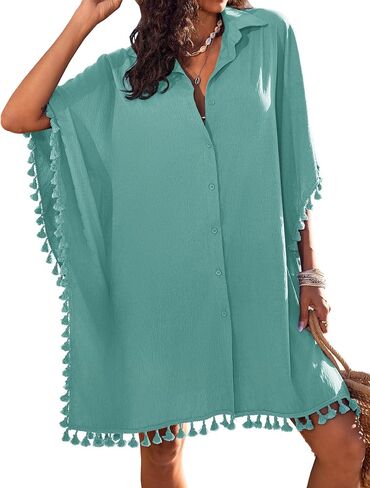 AI'MAGE Women's Swimwear Cover Ups 3/4 Sleeve Beach Coverup with Tassel Button Down Oversized Swimsuit Cover Up Shirt S-3XL in Saudi Arabia