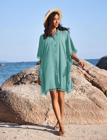 AI'MAGE Women's Swimwear Cover Ups 3/4 Sleeve Beach Coverup with Tassel Button Down Oversized Swimsuit Cover Up Shirt S-3XL in Saudi Arabia