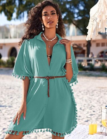AI'MAGE Women's Swimwear Cover Ups 3/4 Sleeve Beach Coverup with Tassel Button Down Oversized Swimsuit Cover Up Shirt S-3XL in Saudi Arabia