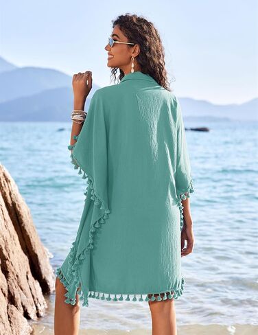 AI'MAGE Women's Swimwear Cover Ups 3/4 Sleeve Beach Coverup with Tassel Button Down Oversized Swimsuit Cover Up Shirt S-3XL in Saudi Arabia
