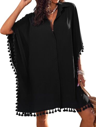 AI'MAGE Women's Swimwear Cover Ups 3/4 Sleeve Beach Coverup with Tassel Button Down Oversized Swimsuit Cover Up Shirt S-3XL in Saudi Arabia