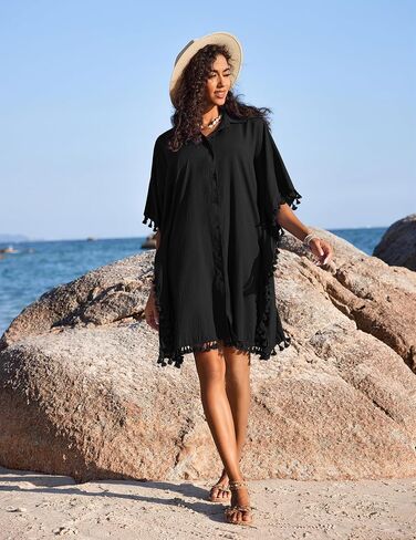 AI'MAGE Women's Swimwear Cover Ups 3/4 Sleeve Beach Coverup with Tassel Button Down Oversized Swimsuit Cover Up Shirt S-3XL in Saudi Arabia