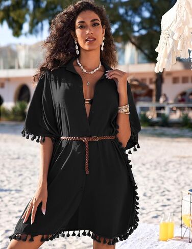 AI'MAGE Women's Swimwear Cover Ups 3/4 Sleeve Beach Coverup with Tassel Button Down Oversized Swimsuit Cover Up Shirt S-3XL in Saudi Arabia
