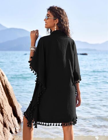 AI'MAGE Women's Swimwear Cover Ups 3/4 Sleeve Beach Coverup with Tassel Button Down Oversized Swimsuit Cover Up Shirt S-3XL in Saudi Arabia