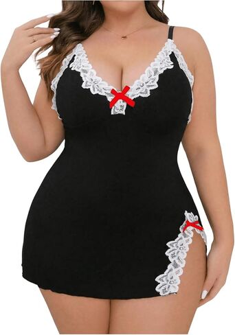 Women's Plus Size Lace Split Lit Thigh Nightgown Spaghetti Strap Deep V Neck Bowknot Sleep Dress in Saudi Arabia