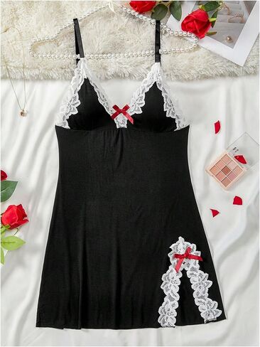 Women's Plus Size Lace Split Lit Thigh Nightgown Spaghetti Strap Deep V Neck Bowknot Sleep Dress in Saudi Arabia