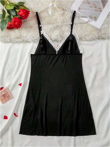 Women's Plus Size Lace Split Lit Thigh Nightgown Spaghetti Strap Deep V Neck Bowknot Sleep Dress in Saudi Arabia