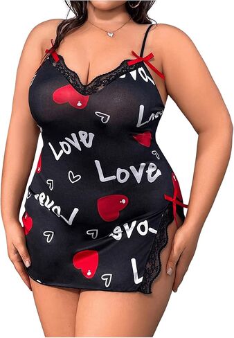 WDIRARA Women's Plus Size Nightgown Letter Heart Cami Nightdress Bow Lace Trim Split Slip Dress in Saudi Arabia