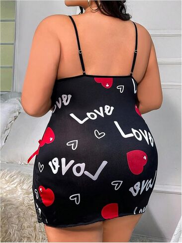 WDIRARA Women's Plus Size Nightgown Letter Heart Cami Nightdress Bow Lace Trim Split Slip Dress in Saudi Arabia