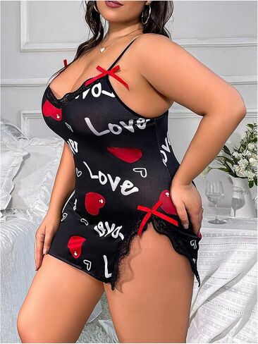 WDIRARA Women's Plus Size Nightgown Letter Heart Cami Nightdress Bow Lace Trim Split Slip Dress in Saudi Arabia