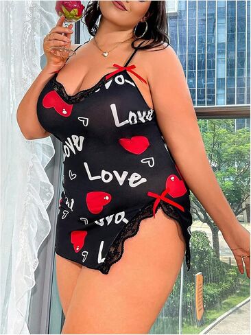 WDIRARA Women's Plus Size Nightgown Letter Heart Cami Nightdress Bow Lace Trim Split Slip Dress in Saudi Arabia