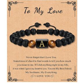 Christmas Gifts for Men - Initial Bracelet, 8mm Tiger Eye | Black Agate Stone | Beaded Bracelets for Men Boyfriend Husband Birthday Valentine Christmas Gifts for Him