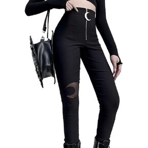 TSMNZMU Gothic Punk Women Pants High Waist Black Moon Sexy Zip Skinny Legging Trousers Goth Streetwear Trousers Yoga Pant