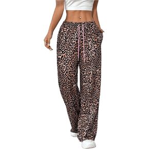 MakeMeChic Women's Leopard Print Elastic Waist Drawstring Wide Leg Sweatpants Lounge Pants