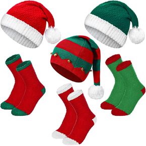 Suhine 6 Pcs Christmas Hats and Socks Christmas Knitted Santa Hats Christmas Fuzzy Socks for Adult Christmas Party Gift