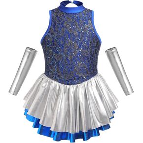 ODASDO Girls Metallic Dance Costume Sequin Sleeveless Ruffle Leotard Dress with Armbands 2pcs Gymnastics Jazze Outfits