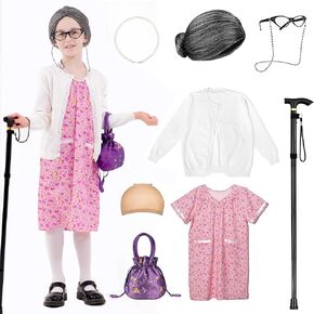 Kids 100 Days of School Costume for Girls, Old Lady Costume wig cardigan sweater and Granny Grandma Set for Child