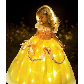 Light Up Halloween Princess Belle Dress Up Birthday Party Costume for Toddler Girls, Yellow