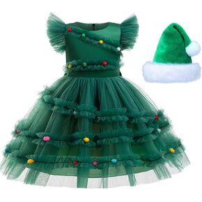 Christmas Tree Costume Girls Xmas Dress with Santa Hat